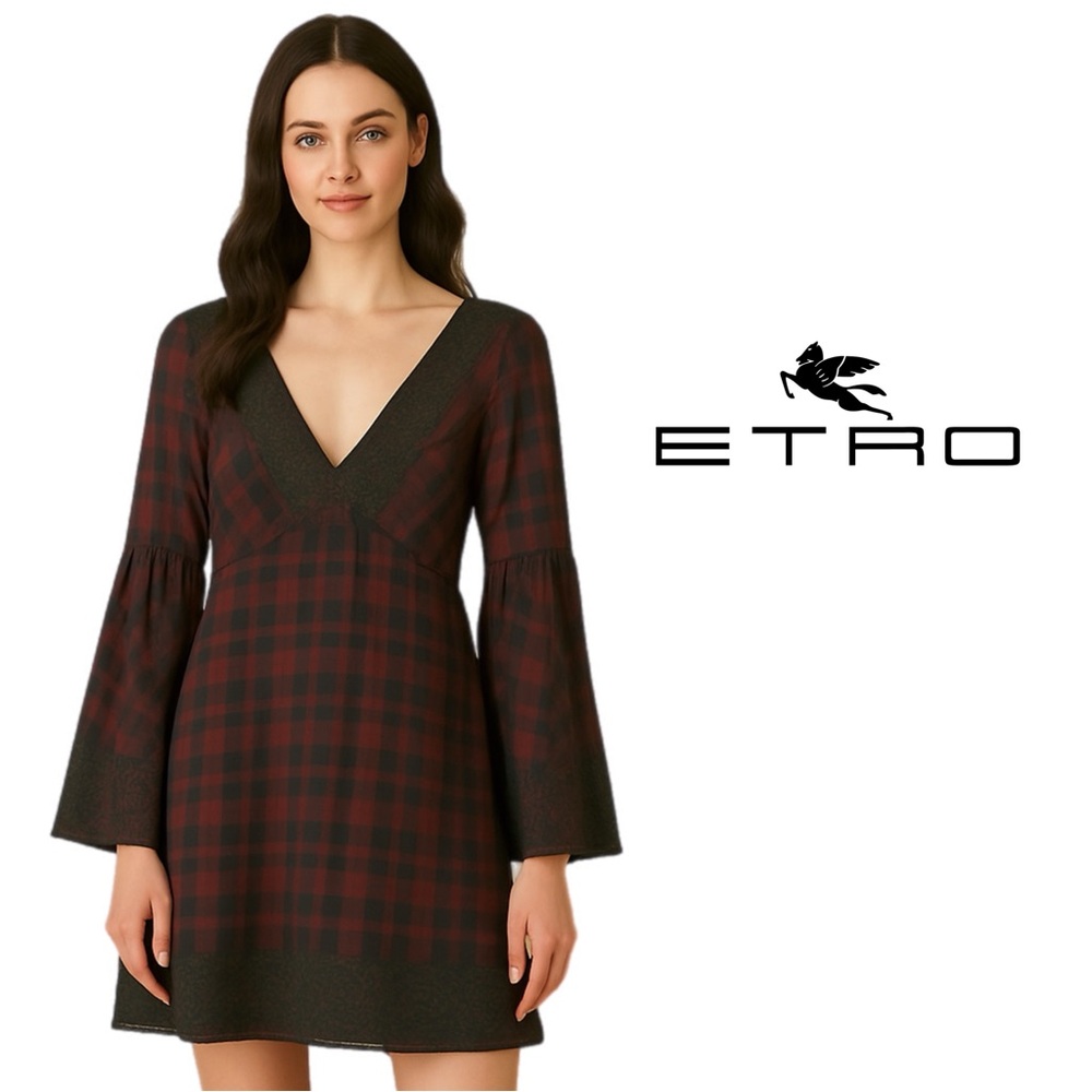 Etro Burgundy and Black Checkered V-Neck Dress